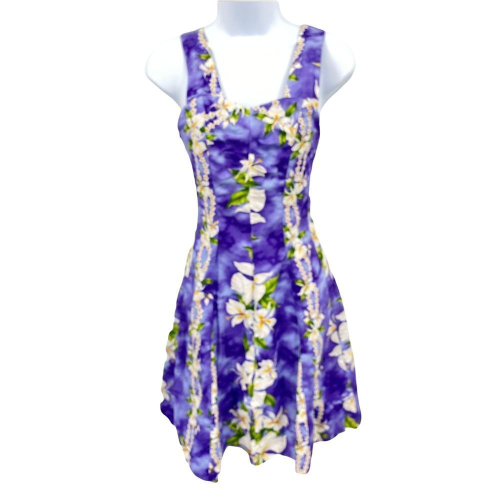 Lava Hut Knee Length Dress Womens Small Purple Hawaiian Zip up Smocked Back